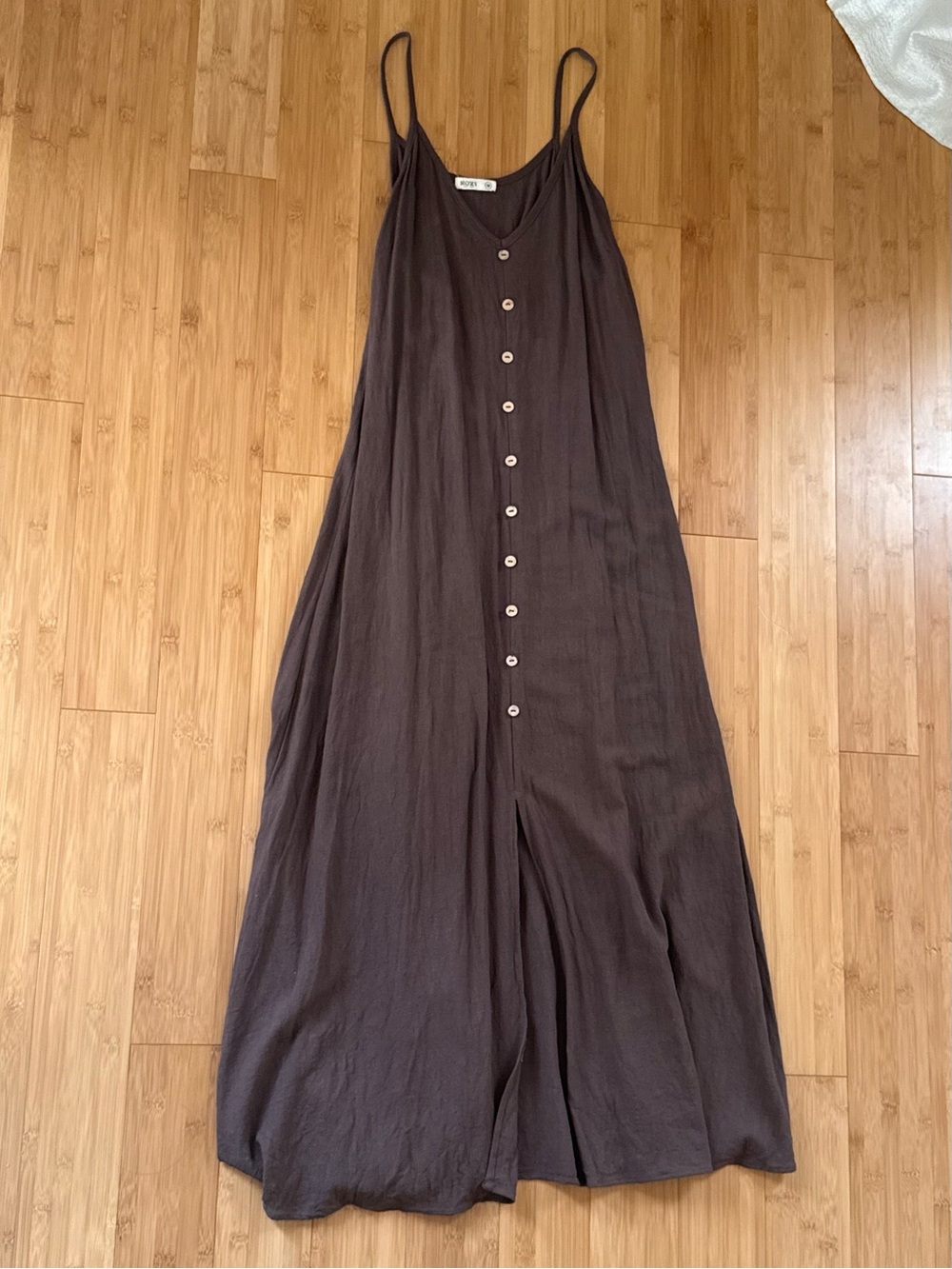 Spaghetti-Strap Brown Button-Front Maxi Dress